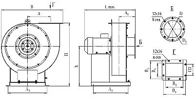 Присоединительные и габаритные размеры вентилятора ВЦ 5-35, 5-45